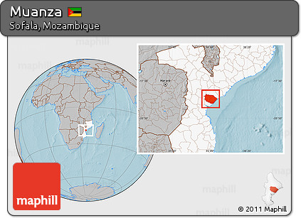 Gray Location Map of Muanza, highlighted country, hill shading