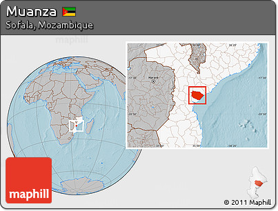 Gray Location Map of Muanza, highlighted country, hill shading