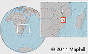 Gray Location Map of Muanza, highlighted parent region, within the entire country, hill shading