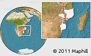 Satellite Location Map of Muanza, highlighted country, highlighted parent region, within the entire country