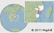 Savanna Style Location Map of Muanza, highlighted country, highlighted parent region, within the entire country, hill shading