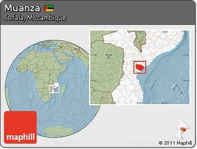 Savanna Style Location Map of Muanza, highlighted country, hill shading