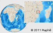 Shaded Relief Location Map of Muanza, within the entire country