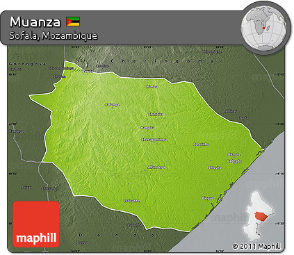 Physical Map of Muanza, darken, semi-desaturated