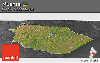 Satellite Panoramic Map of Muanza, darken, desaturated