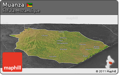 Satellite Panoramic Map of Muanza, darken, desaturated