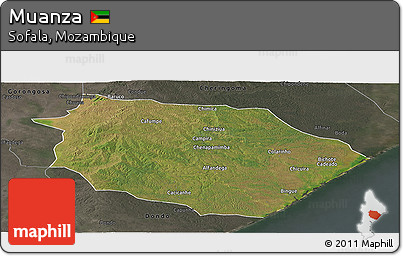 Satellite Panoramic Map of Muanza, darken, semi-desaturated