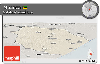 Shaded Relief Panoramic Map of Muanza, semi-desaturated
