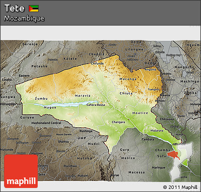 Physical 3D Map of Tete, darken, semi-desaturated
