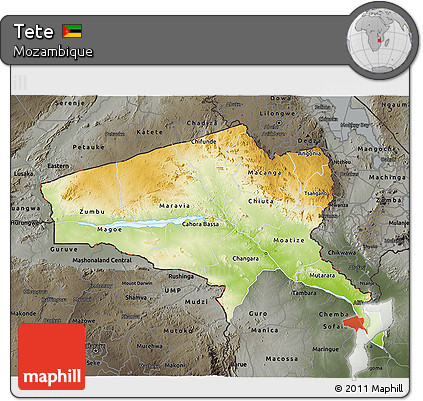 Physical 3D Map of Tete, darken, semi-desaturated