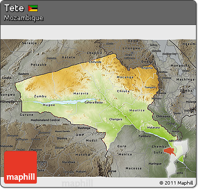 Physical 3D Map of Tete, darken, semi-desaturated