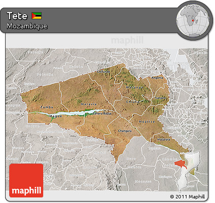 Satellite 3D Map of Tete, lighten, semi-desaturated