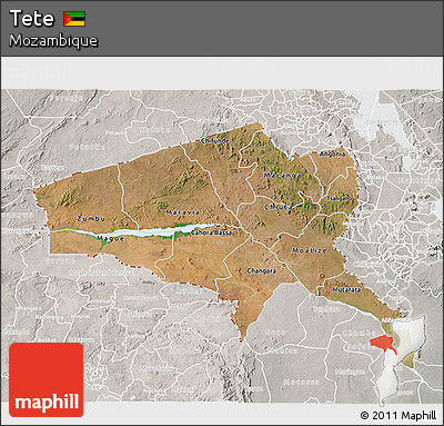 Satellite 3D Map of Tete, lighten, semi-desaturated