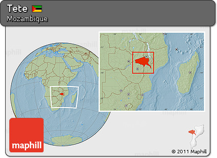 Savanna Style Location Map of Tete, within the entire country, hill shading