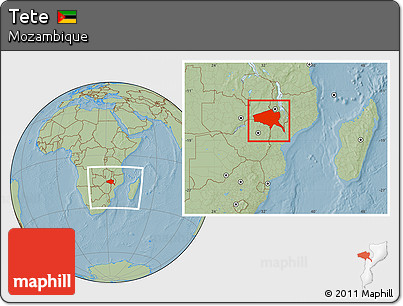Savanna Style Location Map of Tete, within the entire country, hill shading