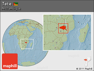 Savanna Style Location Map of Tete, within the entire country, hill shading