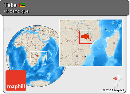 Shaded Relief Location Map of Tete, within the entire country