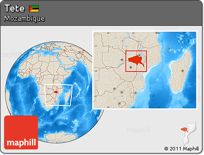 Shaded Relief Location Map of Tete, within the entire country