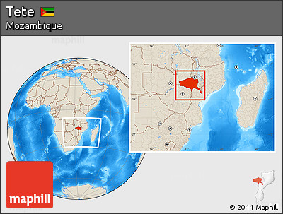Shaded Relief Location Map of Tete, within the entire country