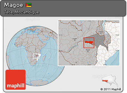 Gray Location Map of Magoe, highlighted country, highlighted parent region, hill shading