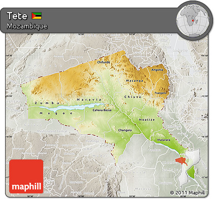 Physical Map of Tete, lighten, semi-desaturated