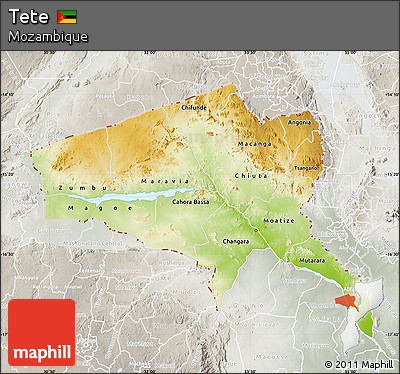 Physical Map of Tete, lighten, semi-desaturated