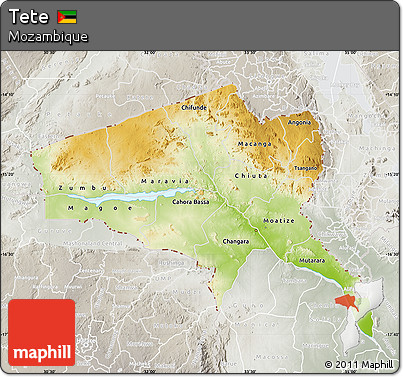 Physical Map of Tete, lighten, semi-desaturated