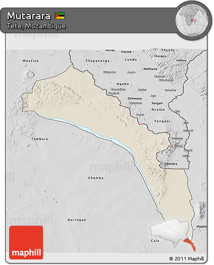 Shaded Relief 3D Map of Mutarara, desaturated