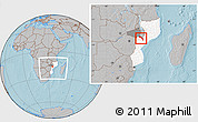 Gray Location Map of Mutarara, highlighted country, highlighted parent region, within the entire country, hill shading