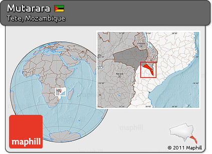 Gray Location Map of Mutarara, highlighted country, highlighted parent region, hill shading