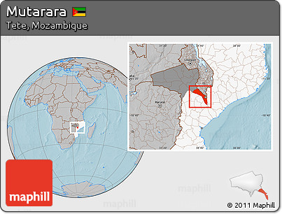 Gray Location Map of Mutarara, highlighted country, highlighted parent region, hill shading