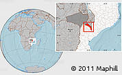 Gray Location Map of Mutarara, highlighted country, highlighted parent region, hill shading