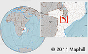Gray Location Map of Mutarara, highlighted country, hill shading