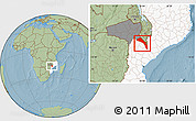 Savanna Style Location Map of Mutarara, highlighted country, highlighted parent region, hill shading