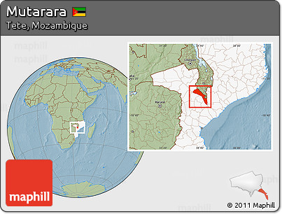 Savanna Style Location Map of Mutarara, highlighted country, hill shading