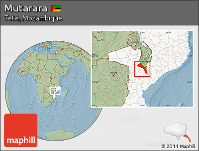 Savanna Style Location Map of Mutarara, highlighted country, hill shading