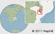 Savanna Style Location Map of Mutarara, highlighted country, hill shading