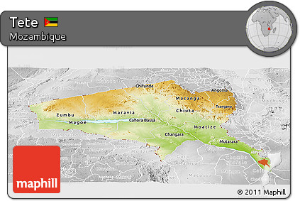 Physical Panoramic Map of Tete, lighten, desaturated