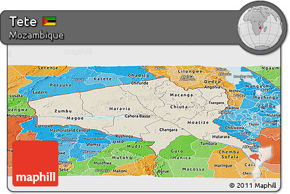 Shaded Relief Panoramic Map of Tete, political shades outside
