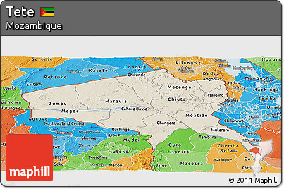 Shaded Relief Panoramic Map of Tete, political shades outside