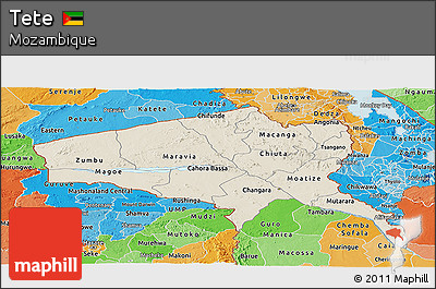 Shaded Relief Panoramic Map of Tete, political shades outside