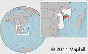 Gray Location Map of Inhassunge, highlighted country, highlighted parent region, within the entire country, hill shading