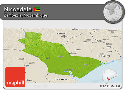 Physical Panoramic Map of Nicoadala, shaded relief outside