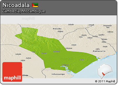 Physical Panoramic Map of Nicoadala, shaded relief outside