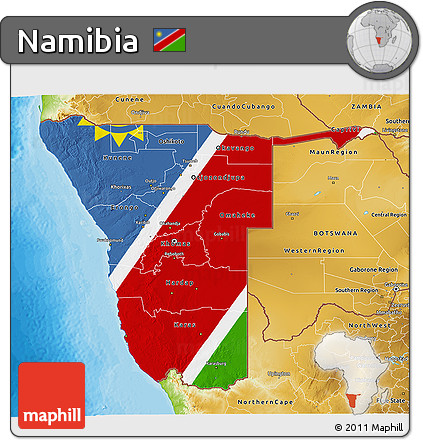 Flag 3D Map of Namibia, physical outside, bathymetry sea, flag aligned to the middle