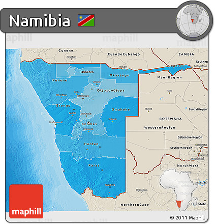 Political Shades 3D Map of Namibia, shaded relief outside, bathymetry sea
