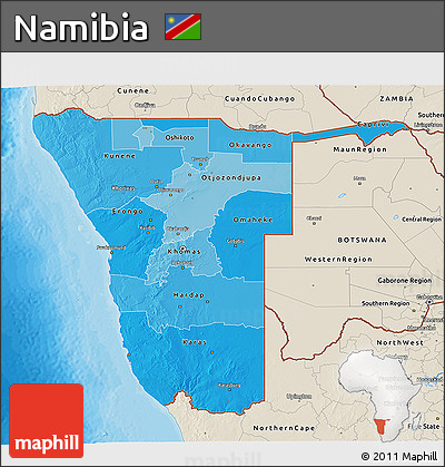 Political Shades 3D Map of Namibia, shaded relief outside, bathymetry sea