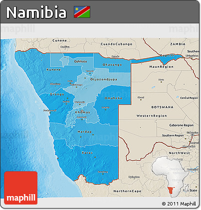 Political Shades 3D Map of Namibia, shaded relief outside, bathymetry sea