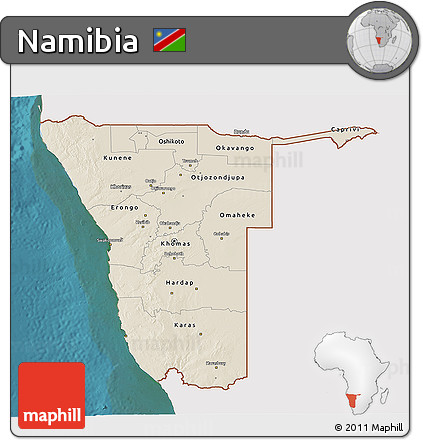 Shaded Relief 3D Map of Namibia, single color outside, satellite sea