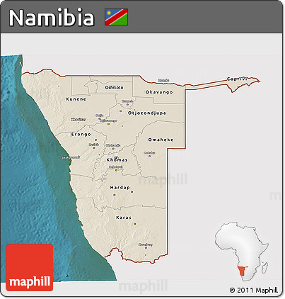 Shaded Relief 3D Map of Namibia, single color outside, satellite sea